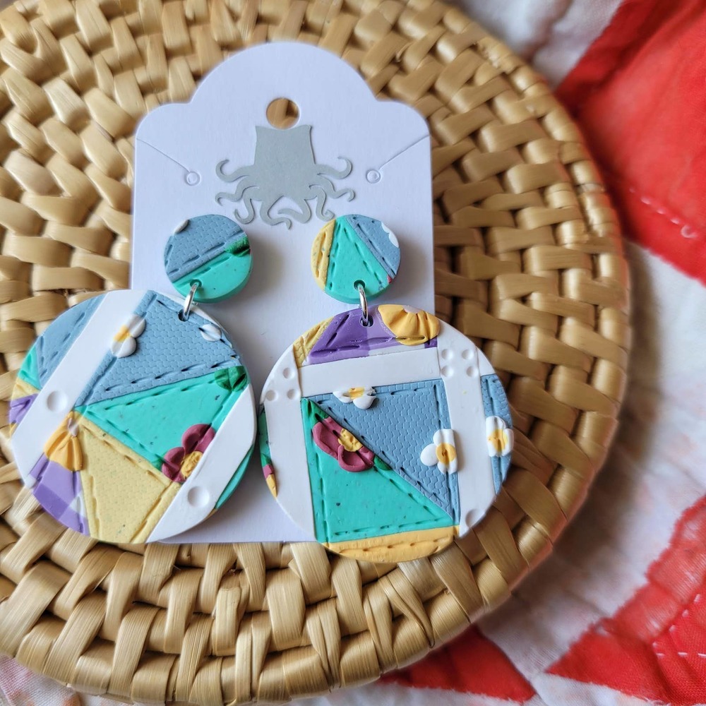Patchwork Quilt Earrings Polymer Clay Circle - Picture 4 of 4